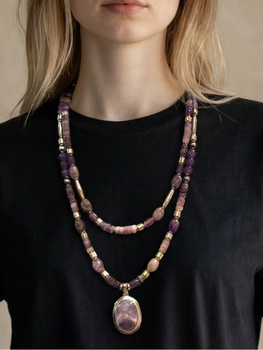 Vintage Sterling Silver Navajo Style Pearls Amethyst & Charoite Bead Necklace